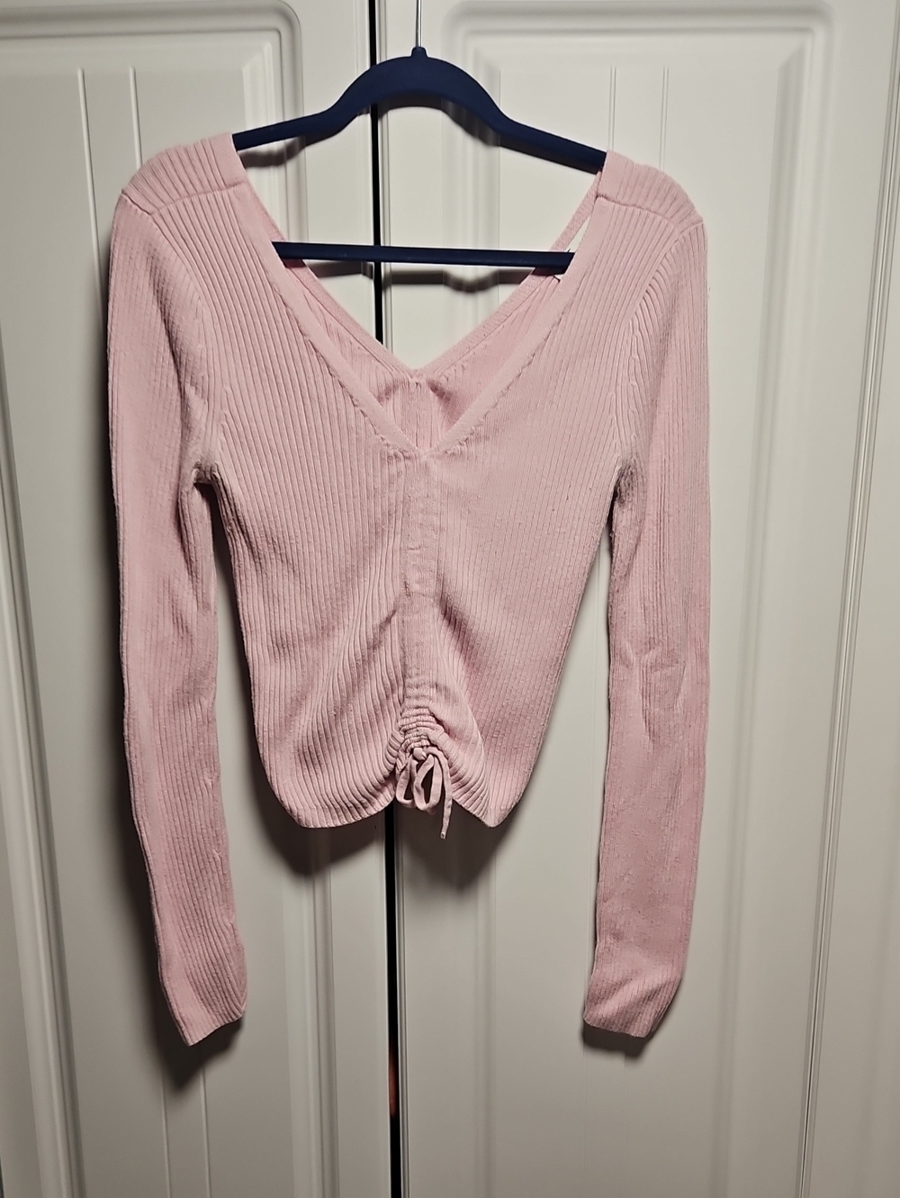 Hollister Light Pink Ribbed V-Neck Long Sleeve Top with Front Drawstring
